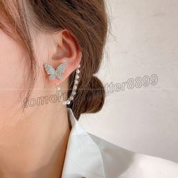Cute Elegant Ear Stud Rhinestone Butterfly Earrings For Women Girls Korean Fashion Pearl Chain Boucle D'oreille Jewelry Gifts