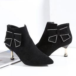 Women Ankle Boots Mid High Heels Short Boots 2019 Winter Pointed Toe Spike Heels Autumn Shoes