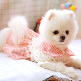 Mini Grid Flower Hollow Dress Spring Summer Pets Outfits Clothes for Small Party Dog Skirt Puppy Pet Costume