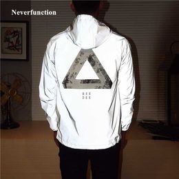 Men Spring full reflective Windbreaker Jacket male Streetwear hip hop printed Loose Hooded Coats fluorescent clothing 211009