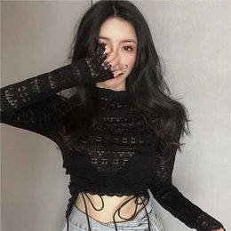 Spring and autumn sexy high-waist short top women's high-necked long-sleeved lace drawstring t-shirt fashion urban women 210604