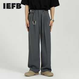 IEFB Men's Clothing Spring Summer Korean Loose Suit Pants Trend Blue Wide Leg Business Trousers With Belt Back Elastic 210524