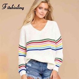 Fitshinling Winter Fashion Women's Sweaters Rainbow Striped Slim Pullovers Korean Style Knitted Jumper V Neck Pull Femme 210806