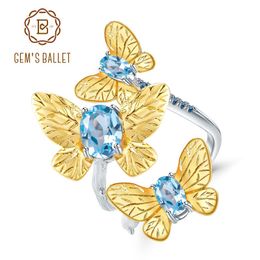 Cluster Rings GEM'S BALLET 925 Sterling Silver Handmade Butterfly Ring Fine Jewellery Natural Swiss Blue Topaz Adjustable Open For Women