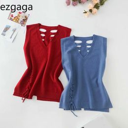 Ezgaga Sweater Vest Women V-Neck Hollow Out Lace Up Solid Red Vest Sleeveless Knit Tops Office Lady Waistcoat Elegant Autumn 210430