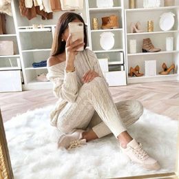 Women Sweater Knitted 2 Piece Set Long Sleeve Crop Tops and Pants Sexy Autumn Winter Sweater Two Outfits 200923