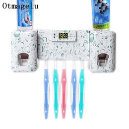 Multifunct Bathroom Accessories Clock Automatic Toothpaste Dispenser Toothbrush Holder with Combination Set Toothpaste Squeezer 210322