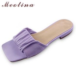 Meotina Shoes Women Pleated Real Leather Low Heel Slippers Square Toe Thick Heel Lady Slides Summer Sandals Purple Large Size 42 210608