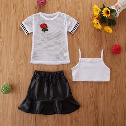 Three-piece Summer Girls Clothes Mesh Embroidered Top + Suspenders Leather Skirt Short-sleeve Girl Suit 210515