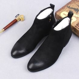 Men's Ankle Boots Real Cow Leather Black Grey British Style Office Street Vintage Handmade Man Pointed Toe Lace Up Martin Boots