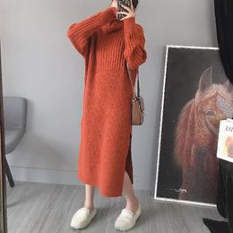 LLZACOOSH Autumn Winter Women Turtleneck Pullover Sweater Dress Fashion Solid Color Long Sleeve Warm Thick Midi Knitted Dress 210514