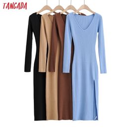 Tangada fashion women solid elegant v neck sweater dress long sleeve ladies side open midi dress 4P20 210322