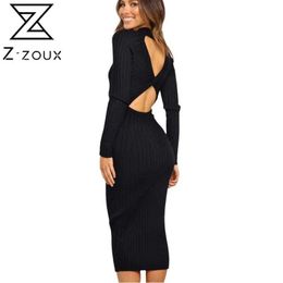 Women Dress Temperament Knitted es Stripe Backless Slim Thin Long Sexy Plus Size Ladies es Winter 210524