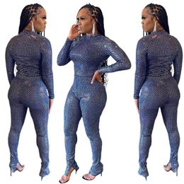 Women's Two Piece Pants Sexy Women Shinny Set Long Sleeve T Shirt+Pencil Suit Female Party Streetwear 2PCS Outfits Bodycon Sets