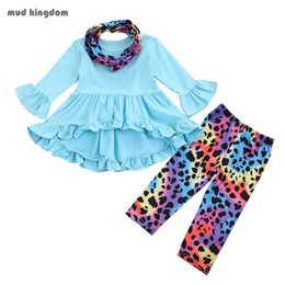 Mudkingdom Baby Girls Outfits Froral Leopard Print Long Sleeve Children Clothing Set Ruffle Autumn Kids Clothes 210615