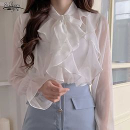 Spring Chiffon Blouse Office Lady Fashion Tops Sweet Bow Shirts Women Casual Long Sleeve Clothing Female Blusas 13864 210527