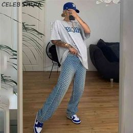 Vintage Streetwear Ripped Jeans for Women Blue High Waist Straight Leg Pants Female Clothes Y2k Hole Pantalones Mom Woman 210809