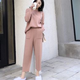 Knitted 2 pieces Set Tracksuits Women Autumn Winter Thick Warm O-neck Loose Sweater+Ankle-Length Pants Cashmere Suit 210519