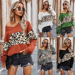 Sexy V Neck Color Matching Leopard Patchwork Sweater Women Autumn Winter Loose Knitted Casual Long Sleeve Pullover Tops 210522