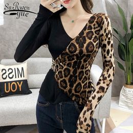 Shirts for Women 2021 Autumn Ladies Tops Casual Leopard Long Sleeve Women T-Shirts Elegant Office Lady V-Neck Top Female 6241 50 210317