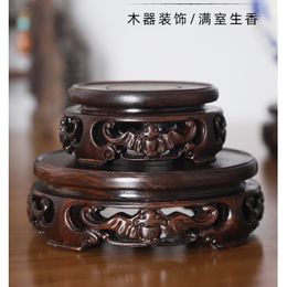 8.2-14.8cm Diameter Ebony Carved Bat Pattern Base Craftwork Solid Wood Base Flower Vases Stone Jade Teapot Aquarium Base 210318