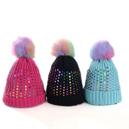 Winter Beanie Hats Women Colourful Pompom Caps Sequined Knit Hairball Warm Cap Outdoor Fashion Windproof Beanies With Beads