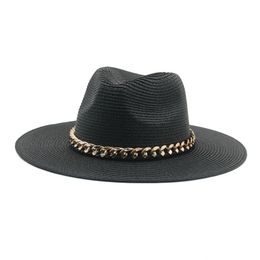 2021 women wide brim khaki black men caps panama band belt chain straw outdoor summer sun beach hats gorras para mujer