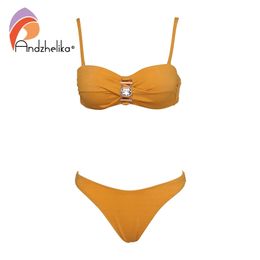 Andzhelika Sexy Bandeau Women Swimsuit Push Up Bikini Set Metal diamond Swimwear Brazilian Beach Bathing Suit Monokini 210319