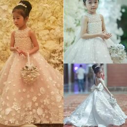 2021 Cute Spaghetti Handmade Flower Girls Dresses Bow Belt Bead Princess Kids Floor Length Bridesmaid Dress Girl Pageant Ball Gown