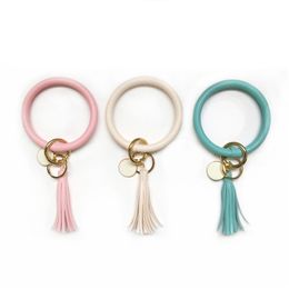 Solid Color Tassel Key Ring Pendants Rainbow Round Shape Bracelet Car Keychain Pendant Keys Storage Rings Bag Ornaments Decor BH5185 WLY