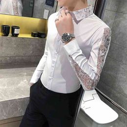 British Style Sexy Lace Long Sleeve Shirt Men Fashion Streetwear Slim Fit Casual Shirts Night Club Prom Tuxedo 4XL-M 210721