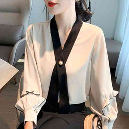 Fashion Woman Blouses Bow V-neck Office Ladies Tops Spring Long Sleeve Chiffon Blouse Women Shirts Women Tops Blusas C429 210426