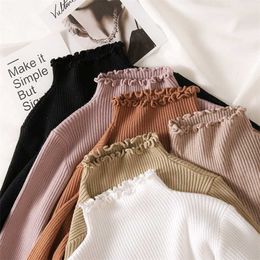 Turtleneck Ruched Women Sweater High Elastic Solid Fall Winter Fashion Slim Sexy Knitted Pullovers Pink White 211007