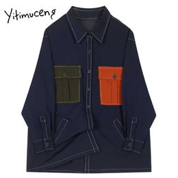 Yitimuceng Pockets Blouse Women Shirts Vintage Loose Solid Spring Fashion Button Turn-down Collar Single Breasted Tops 210601