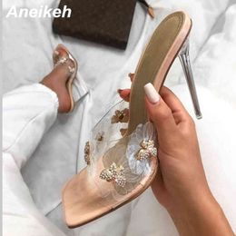 Summer Sexy CRYSTAL Butterfly-knot Square toe Slides High Heel Slippers Fashion Outside Slip On Thin Heels Wome Mules 42 210507