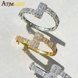 Link, Chain Gold Silver Color Opened Square Zircon Charm Bracelet Iced Out Bling Baguette CZ Bangle For Men Women Luxury Jewelry