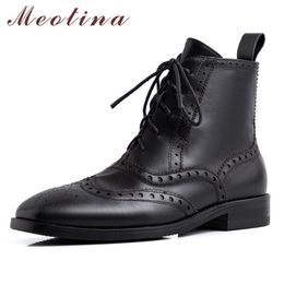 Winter Ankle Boots Women Natural Genuine Leather Flat Short Zipper Square Toe Brogue Shoes Lady Autumn Black 34-39 210517