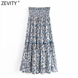 Zevity Women Fashion Floral Print Lace Crochet Stitching Midi Skirt Faldas Mujer Female Elastic High Waist Boho QUN786 210621