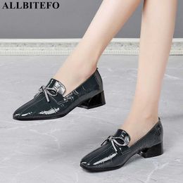 ALLBITEFO size 34-42 bow design genuine leather high heels fashion leisure cow leather women high heel shoes women heels shoes 210611