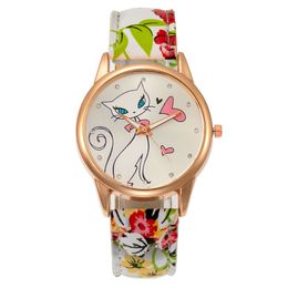 Excellent Quality Fashion Leather Crystal Cat Wristwatches Colorful Band Analog Ladies Heart Women Quartz Style Watch