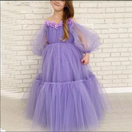 Green Mint Lavender A Line Girls Pageant Dresses Sheer Neck Long Sleeve Floor Length 3D Floral Beads Child Birthday Party Gowns Kids Formal Dress