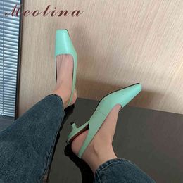 Meotina Slingback Shoes Genuine Leather Women Pumps Square Toe Mid Heels Ladies Shoes Spring Summer White 40 210520