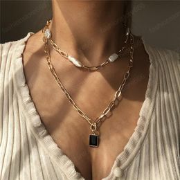 Vintage Gold Multi Layer Statement Chain Necklaces For Women Punk Style Inmitate Pearl Geometric Pendant Necklace Party Gifts