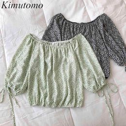 Kimutomo Vintage Floral Printing Blouse Women Summer Korean Fashion Girls Slash Neck Puff Sleeve Bandage Short Shirt 210521