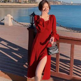 Elegant Square Collar Midi Dresses Spring Women Puff Sleeve High Waist Slim Vestidos 210519