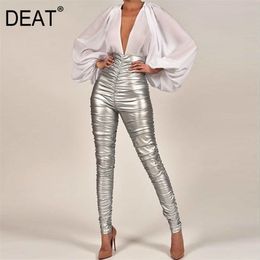 DEAT Primavera Pantaloni a vita alta sexy aderenti Matita argento Causale Autunno Pantaloni femminili sottili da donna MH705 210915