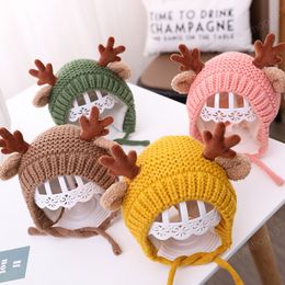 Cartoon Cute Deer Elk Antlers Baby Hat Winter Knitted Beanie Thick Warm Cap for Boys Girls Solid Color Crochet Christmas Hats