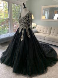 Black Gold Ball Gown Gothic Wedding Dresses With Long Sleeves V Neck Vintage Sweetheart Open Back Colourful Beaded Bridal Gowns Custom Made Coloured Bride Dress