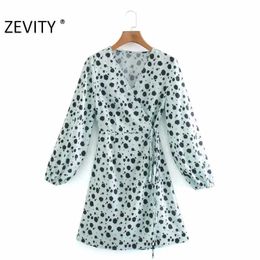 Zevity Women Elegant Cross V Neck Tie Dye Dots Printing Lace Up Mini Dress Female Puff Sleeve Casual Kimono Vestido DS4633 210603