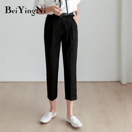 Casual Female Pants High Waist Plain Vintage Classic Belted Work Wear OL Suit Black Pink Pantalon Femme Clothes 210506